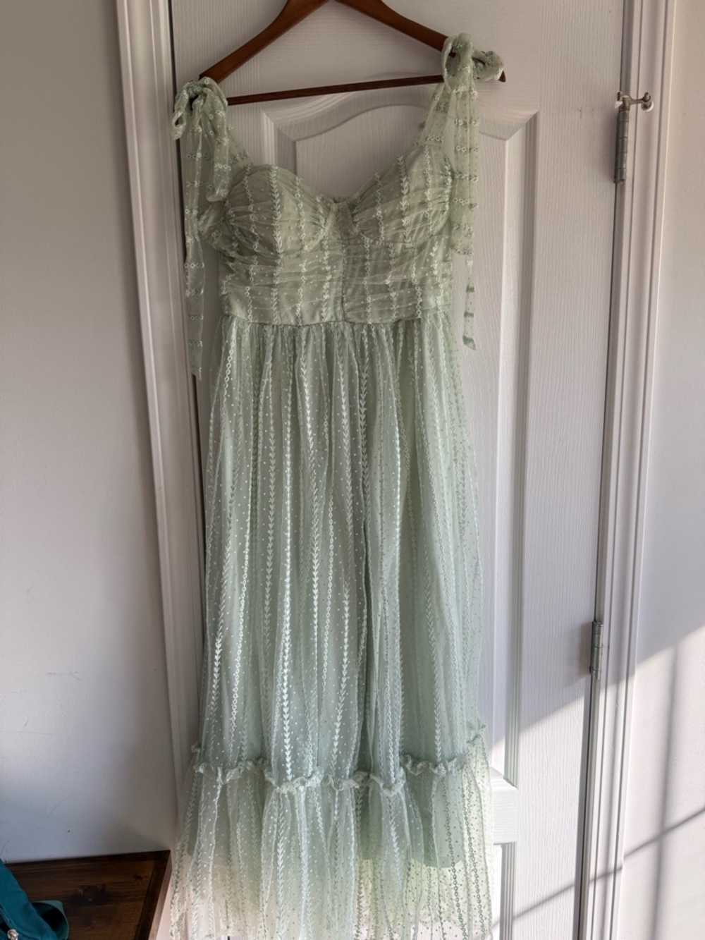 Blu Pepper Mint Green Tie-Shoulder Dotted Mesh Maxi Dress - Picture 12 of 16